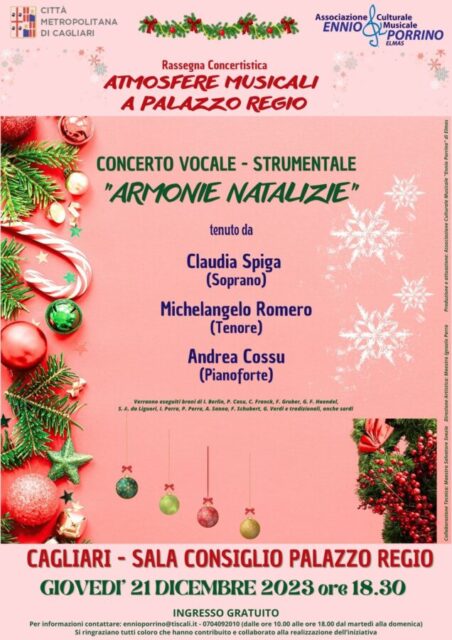 Il 21 dicembre sarà il concerto “Armonie Natalizie” a caratterizzare la rassegna concertistica “Atmosfere Musicali a Palazzo Regio”