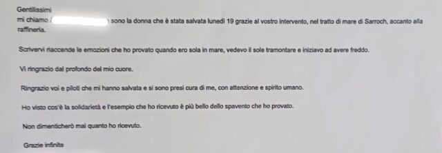 Salvataggio nelle acque di Sarroch avvenuto il 19 Agosto: i ringraziamenti alla Guardia Costiera di Cagliari.